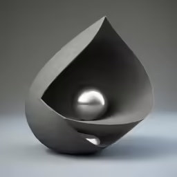 an artistic sculpture has a metallic sphere inside