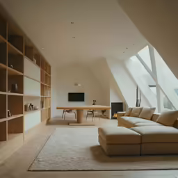 a loft apartment with a sofa and book shelves