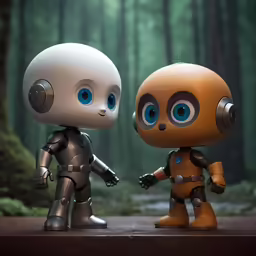 two little robots are next to each other in the woods