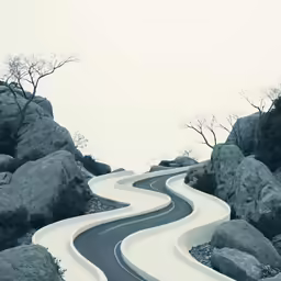 the curved road has snow on it