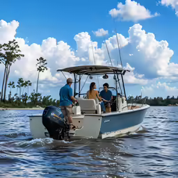 two men are getting into a small motorboat on the water