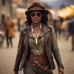 a beautiful woman wearing sunglasses and a leather jacket