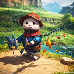 a toy fisherman holding a rod and a bird,a boy fishing while his friends are sitting by the river