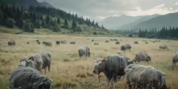 the animals are grazing in the field together