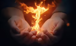 person holding out their hands with flames in the background