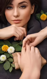 a beautiful young woman standing next to flowers and green leaves