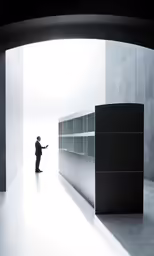 a man standing in an empty room while using his cell phone