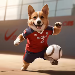 a dog dressed in a soccer uniform is kicking a ball