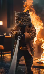 a cat in a coat standing behind a large fire hose