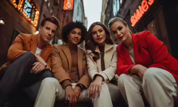 four people standing in an alley with signs on buildings