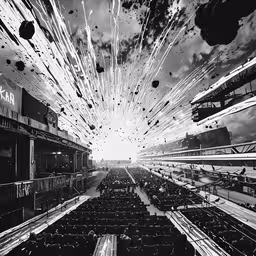 this is a very big, black and white photo with fireworks,fireworks are lit up in the dark sky