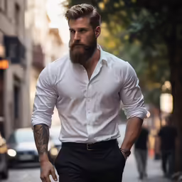 a man with long hair and beard walking down the street