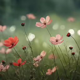 a field full of pink flowers with green stems