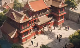 an aerial view of a chinese building with people walking around