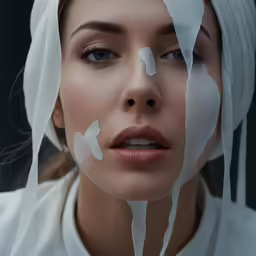 a woman with a makeup make - up of white drops is in the image