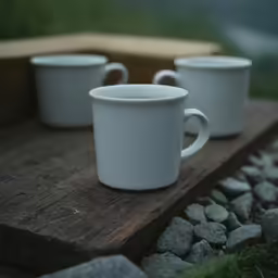 three coffee cups resting on a wooden tray