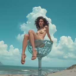 a painting of a naked woman sitting on a pole next to the ocean