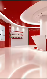 this red and white office is clean with its red paint