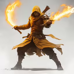 a man in yellow coat with flames and sword