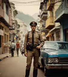 the policeman is standing next to his car,a man dressed in a uniform walking through a street