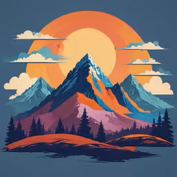 a sunset view of the mountains, a sun, and trees with the silhouettes of the mountain,a mountain with trees in it and the sun rising over