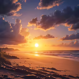 the sun is setting on the shore line