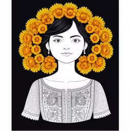 a woman is wearing flowers in her hair,an image of a woman with sunflowers in her hair,a drawing of a young girl with yellow flowers in her hair,a drawing with a woman with sunflowers in her hair,a woman wearing sunflowers behind her head