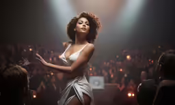 a woman stands in a spotlight wearing a silver dress