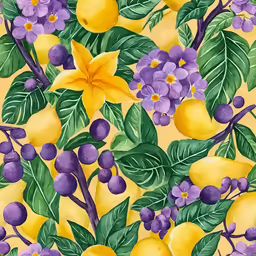 an image of the painting shows a tree full of fruits and flowers