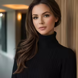 a very cute lady in a black dress by some wall