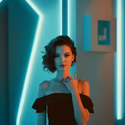 a young woman standing in front of a wall, and looking at the camera with her arms on her chest