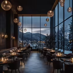 the restaurant at a beautiful hotel is overlooking a snowy mountain valley