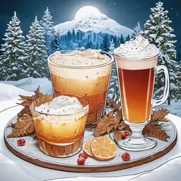 some drinks sitting on top of a table with snow covered trees,two cups of drinks next to each other