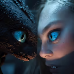 a young woman stares at another woman with blue eyes