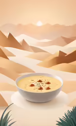 a white bowl on a white table with desert landscape