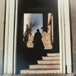 a woman walking down some stairs in a dark tunnel