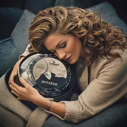 a woman sitting on top of a blue couch holding a plate