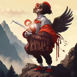 a cartoon of a man with a sword is standing on top of a hill