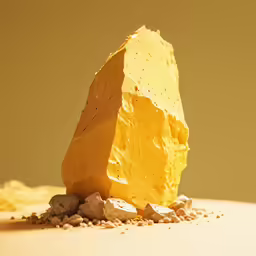 a large piece of cheese with yellow topping