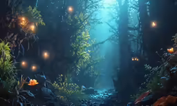 a painting with light up in the forest