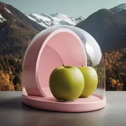 the pink table holds two green apples