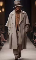 the model wears a grey hat and brown coat with a scarf