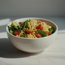 a white bowl filled with a salad and green leaves