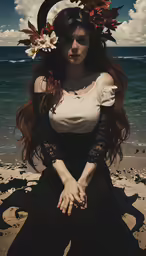 a woman sits on a sandy beach with long hair