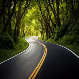 this is a long curved road with many trees