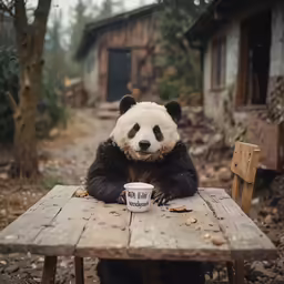 the panda bear is sitting at a table with a coffee mug