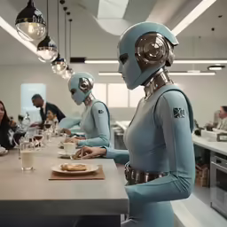 three robots standing in front of a table with food and drinks
