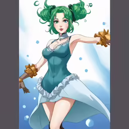 a girl with green hair is dancing under water