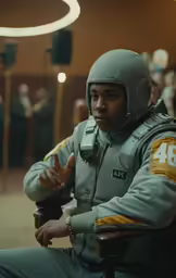 a man in a space suit sitting in a chair talking to people