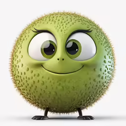 a cartoon character with big eyes, an insect on its body and legs, has eyes wide